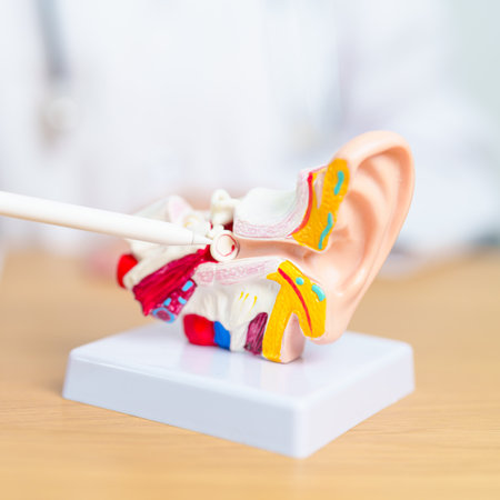 Doctor with human Ear anatomy model. Ear disease, Atresia, Otitis Media, Pertorated Eardrum, Meniere syndrome, otolaryngologist, Ageing Hearing Loss, Schwannoma and Healthの写真素材