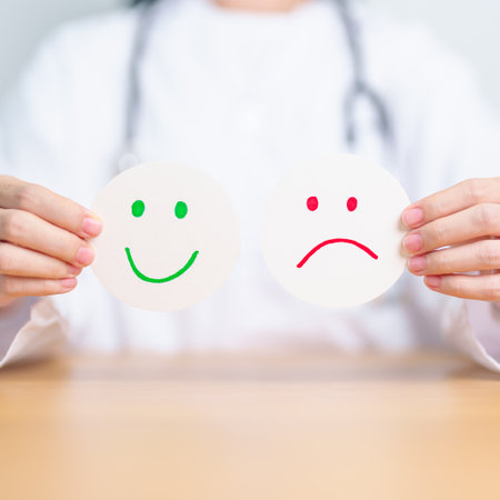 Doctor show Happy smile and Unhappy Sad face paper, Mental health Assessment, Psychology, Health Wellness, Feedback, Customer Review, Experience, Satisfaction Survey, World Mental Health day conceptの写真素材