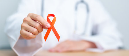 Doctor with Orange Ribbon for Leukemia, Kidney cancer day, world Multiple Sclerosis, CRPS, Self...