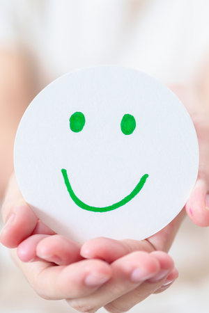 Woman show Happy Smile face paper, Mental health Assessment, Psychology, Health Wellness, Feedback,...