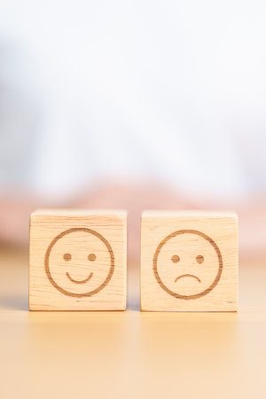 Woman show Emotion face block, Mental health Assessment, Psychology, Health Wellness, Feedback, Customer Review, Experience, Satisfaction Survey, Opinion, Evaluation and World Mental Health dayの写真素材