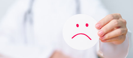 Doctor show Unhappy sad face paper, Mental health Assessment, Psychology, Health Wellness, Negative Feedback, Customer Review, Bad Experience, Satisfaction Survey, World Mental Health day conceptの写真素材