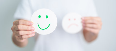 Woman show Happy Smile face paper, Mental health Assessment, Psychology, Health Wellness, Feedback,...