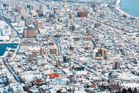 Beautiful landscape and cityscape from Hakodate Mountain with Snow in winter season. landmark and popular for attractions in Hokkaido, Japan.Travel and Vacation conceptの素材 [FY310216191613]