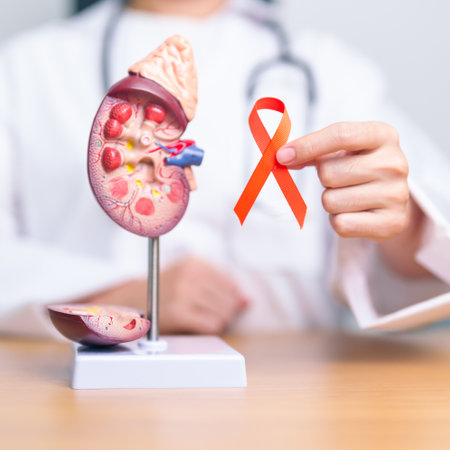 Doctor holding Orange ribbon with kidney Adrenal gland model. Kidney Cancer Awareness March month, disease of Urinary system and Stones, Cancer, Chronic kidney, Urology, Renal and Transplant conceptの写真素材