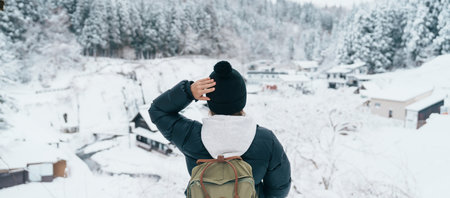 Woman tourist Visiting Ginzan Onsen in Yamagata, happy Traveler sightseeing Japanese Onsen village...