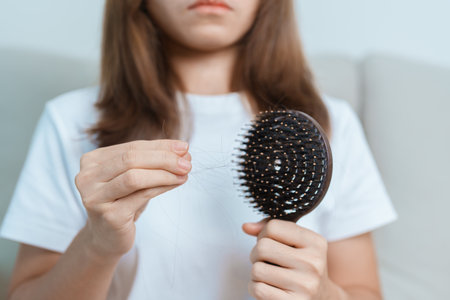 Hair loss problem, Balding , Beauty treatments and health care concepts asian woman holding holding comb with hair loss, young female hold hairbrush and brushing with fall hair from scalpの写真素材