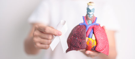 November Lung Cancer Awareness month. Doctor with Smoker Lung anatomy model and White ribbon in hospital. Healthcare and World Cancer day conceptの写真素材