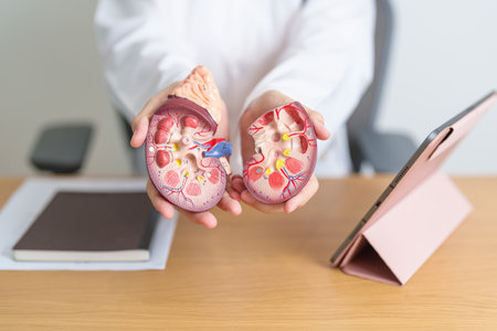 Doctor with Kidney Adrenal gland anatomy model and tablet. disease of Urinary system and Stones, Cancer, world kidney day, Chronic kidney, Urology, Nephritis, Renal, Transplant and healthの写真素材