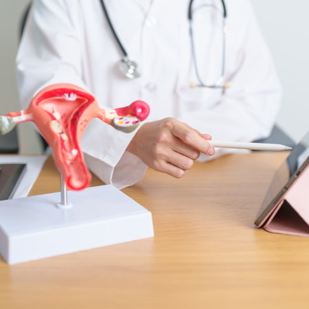 Doctor with Uterus and Ovaries anatomy model and tablet. Ovarian and Cervical cancer, Cervix disorder, Endometriosis, Hysterectomy, Uterine fibroids, Reproductive system, Pregnancyの写真素材