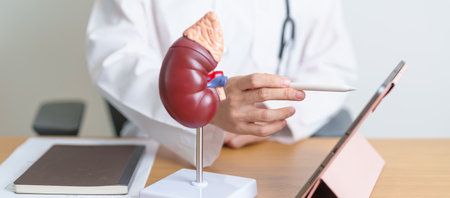 Doctor with Kidney Adrenal gland anatomy model and tablet. disease of Urinary system and Stones, Cancer, world kidney day, Chronic kidney, Urology, Nephritis, Renal, Transplant and healthの写真素材