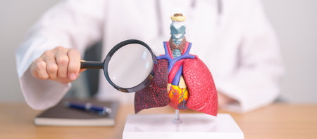 Doctor with Smoker Lung anatomy with magnifying glass. Lung Cancer, Asthma, Chronic Obstructive...