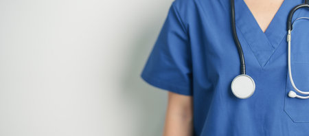Healthcare and medical concept. doctor hand hold stethoscope in hospital. Health background, wellness and Insuranceの写真素材