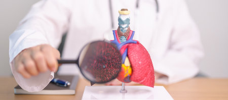 Doctor with Smoker Lung anatomy with magnifying glass. Lung Cancer, Asthma, Chronic Obstructive Pulmonary or COPD, Bronchitis, Emphysema, Cystic Fibrosis, Bronchiectasis, Pneumonia and world Lung dayの写真素材
