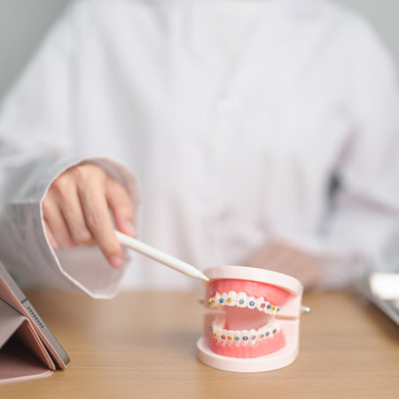 Dentist with Orthodontic tooth model and bracket or brace. Clean and Scrape off tartar. May Orthodontic Health Day, March Oral health, Dentist Day, False Teeth. Toothache and Children Dental Healthの写真素材