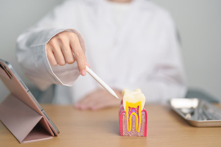 Dentist with tooth Anatomy model. Oral Teeth decay and disease, Scrape off tartar. March Oral health, Dentist Day, False Teeth. Toothache and Children Dental Health Month and Orthodontic Health Dayの写真素材