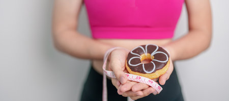 woman hand hold Donut with tape measure, choose stop eating sweet is Unhealthy ealthy food. Dieting control, Weight loss, Obesity, eating lifestyle and nutrition conceptsの写真素材