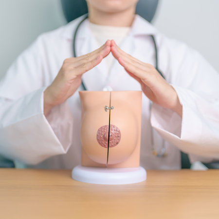 Doctor hand cover Breast Anatomy model. Breast Augmentation Surgery, October Breast Cancer Awareness month, implant, Diagnosis, Beauty woman enlargement and medical education conceptの写真素材