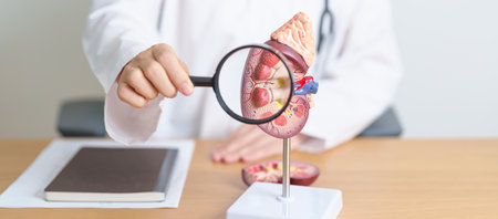 Doctor with Kidney Adrenal gland anatomy model and magnifying glass. disease of Urinary system and Stones, Cancer, world kidney day, Chronic kidney, Urology, Nephritis, Renal, Transplant and healthの写真素材