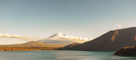 Mount Fuji at lake Motosu near Kawaguchiko, one of the Fuji Five Lakes located in Yamanashi, Japan. Landmark for tourists attraction. Japan Travel, Destination, Vacation and Mount Fuji Day conceptの写真素材