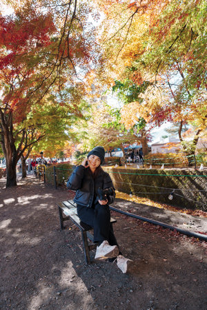 Woman tourist at Momiji Kairo in Autumn season, happy Traveler travel Maple Corridor at lake...