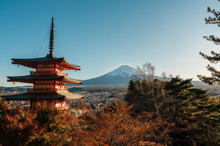 Mount Fuji view at Chureito Pagoda in Autumn season, Mt Fujisan in Arakurayama Sengen Park, Yamanashi, Japan. Landmark for tourists attraction. Japan Travel, Destination, Vacation and Mount Fuji Dayの写真素材