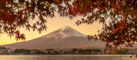 Mount Fuji view at Lake Kawaguchi in Autumn season. Mt Fujisan in Fujikawaguchiko, Yamanashi, Japan. Landmark for tourists attraction. Japan Travel, Destination, Vacation and Mount Fuji Day conceptの写真素材