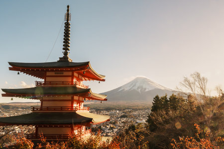Mount Fuji view at Chureito Pagoda in Autumn season, Mt Fujisan in Arakurayama Sengen Park, Yamanashi, Japan. Landmark for tourists attraction. Japan Travel, Destination, Vacation and Mount Fuji Dayの写真素材