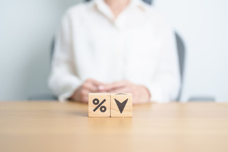 wood block of percentage change to UP and Down arrow. Interest rate, GDP, stocks market, financial, deflation and Inflation, ranking, mortgage, debt, Loan and Economic Recession conceptの写真素材