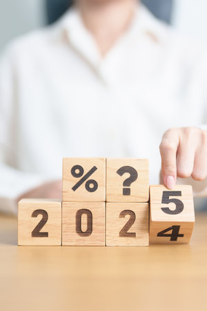 2024 to 2025 New year with questions mark and percentage icon. Interest rate, GDP, stocks market,...