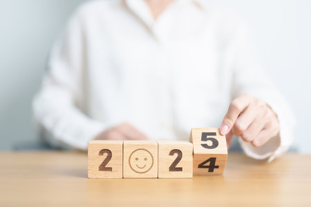 2024 end year to Happy New Year 2025 with Smile block. Satisfaction, feedback, Review, mental...