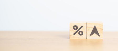 wood block of percentage change to UP and Down arrow. Interest rate, GDP, stocks market, financial, deflation and Inflation, ranking, mortgage, debt, Loan and Economic Recession conceptの写真素材