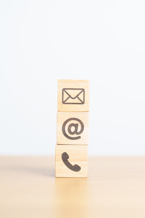 Contact Us concepts. Wood block of Email, call Phone and Website Address sign. For Customer support hotline, business Marketing, Corporate, communication and Advertisingの写真素材