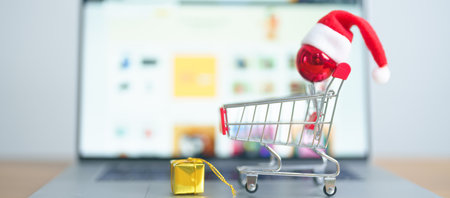 Christmas Online Shopping concept. Boxes with shopping cart on a laptop computer. Sale and discount during Christmas and New Year holiday, ecommerce, shipping delivery, logistics and Cyber Mondayの写真素材