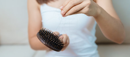 Hair loss problem, Balding , Beauty treatments and health care concepts asian woman holding holding...