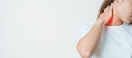 Woman having Neck and Shoulder pain at home. Muscle painful due to Myofascial pain syndrome and...