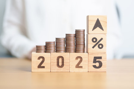 2025 New year with percentage change to UP and Down arrow with coin stack. Interest rate, GDP,...