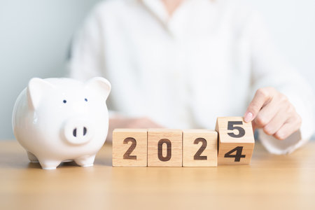2024 end year to Happy New Year 2025 with piggy bank. Resolution, Goals, Plan, Action, Money Saving,...