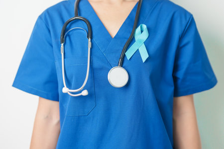 Blue November Prostate Cancer Awareness month, Doctor with Blue Ribbon in hospital for support people life and illness. Healthcare, International men, Father, Diabetes and World cancer dayの写真素材