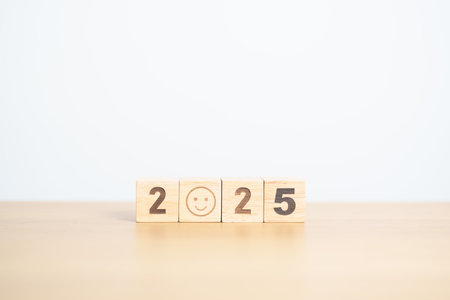Happy New Year 2025 with Smile block. Satisfaction, feedback, Review, mental health, eco sustainable and good conceptの写真素材