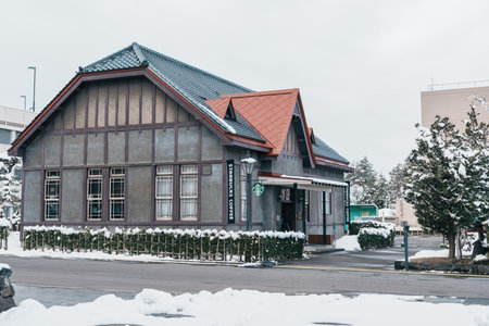 Beautiful Starbucks Coffee Hirosaki Koen-mae near Hirosaki Park and Castle, located in Hirosaki...