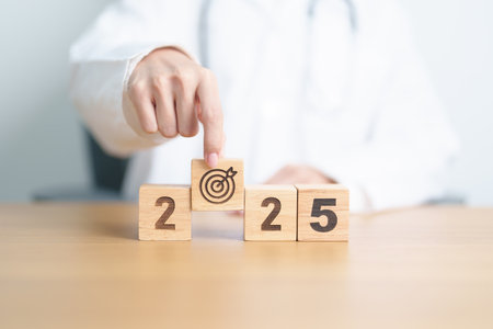 2025 year block with dartboard icon again doctor. Goal, Target, Resolution, strategy, plan, Action, mission, motivation, Health, Healthcare, medical and wellness conceptの写真素材