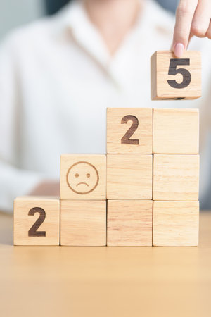 Happy New Year 2025 with Sad face block. Satisfaction, feedback, Review, mental health, eco...