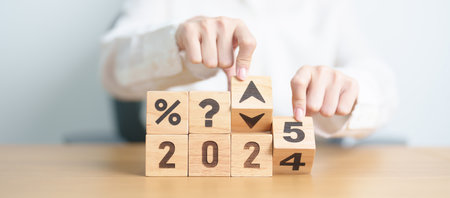 2024 to 2025 New year with questions mark and percentage icon. Interest rate, GDP, stocks market,...