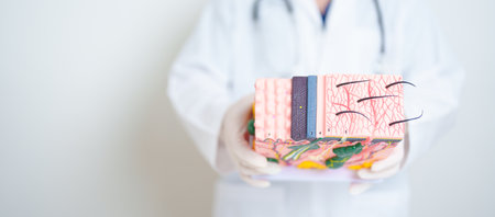 Dermatologist hand holding anatomy model of human skin with hair. Skin disease and Hair loss. Health care, Melanoma and skin cancer, Insurance, Dermatology treatment and Beauty consultation clinicの写真素材
