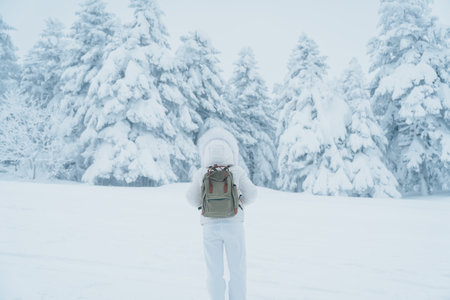 Woman tourist sightseeing Snow monster in Winter day at Mount Zao, Yamagata prefecture, Japan. Happy Traveler walking on powder snow covered in frosty weather. Travel, Adventure and Vacationの写真素材