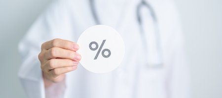 Woman show percentage symbol paper. Medical services, discount and promotion, Health, Diagnosis  and Medical conceptの写真素材
