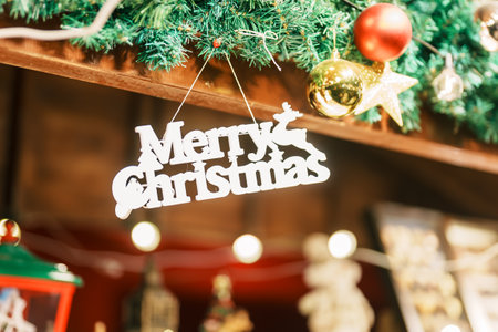 Christmas market background with Christmas tree with decoration and lights. Merry Christmas, holiday and happy New Year conceptの写真素材