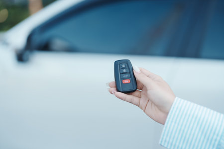 Hand holding car remote control, smart key to lock or unlock doors of white car. Safety, travel and...