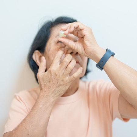 Elderly Woman use ophthalmic solutions or Eye Drops after eye surgery. Eye disease, Cataract,  Glaucoma, Age Related Macular Degeneration, Diabetic Retinopathy, World Glaucoma day and health treatmentの写真素材